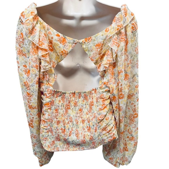 Free People Mabel Printed Blouse Spring Combo Orange Floral Print Peasant large - Picture 6 of 10